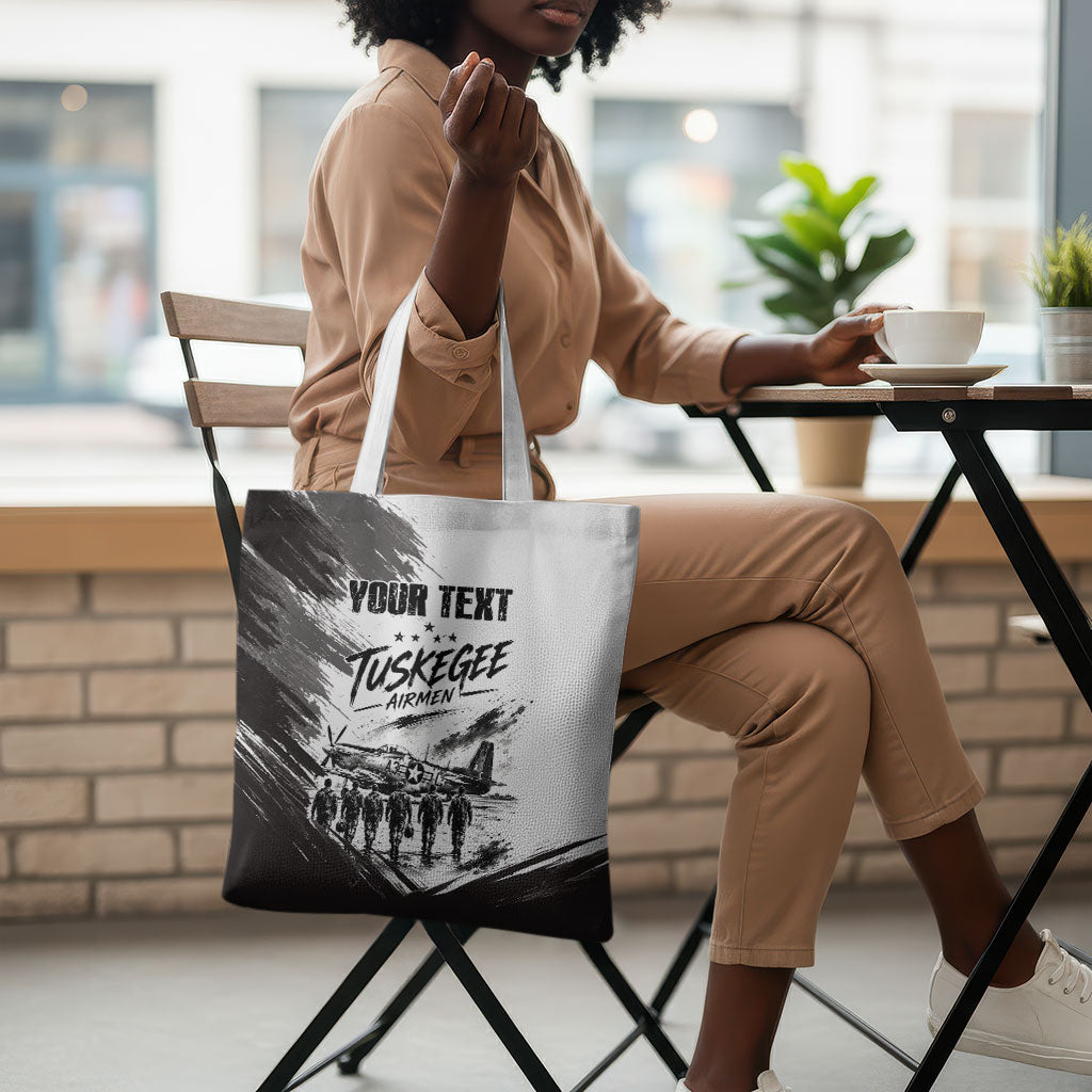 Personalized Tuskegee Airmen Tote Bag Black And White Grunge WWII Aviation Art