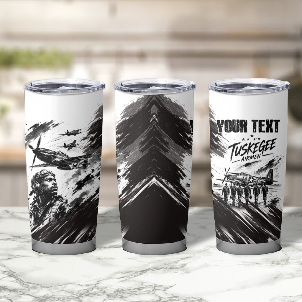 Personalized Tuskegee Airmen Tumbler Cup Black And White Grunge WWII Aviation Art