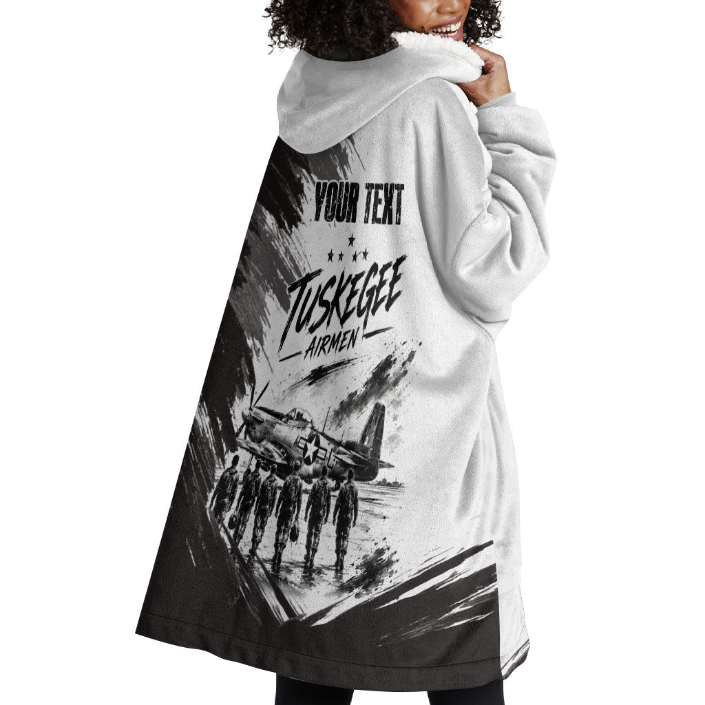 Personalized Tuskegee Airmen Wearable Blanket Hoodie Black And White Grunge WWII Aviation Art
