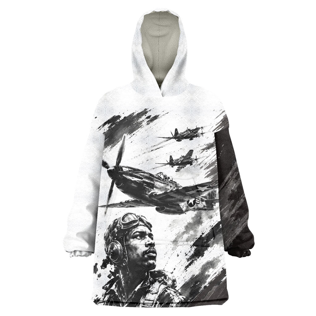 Personalized Tuskegee Airmen Wearable Blanket Hoodie Black And White Grunge WWII Aviation Art