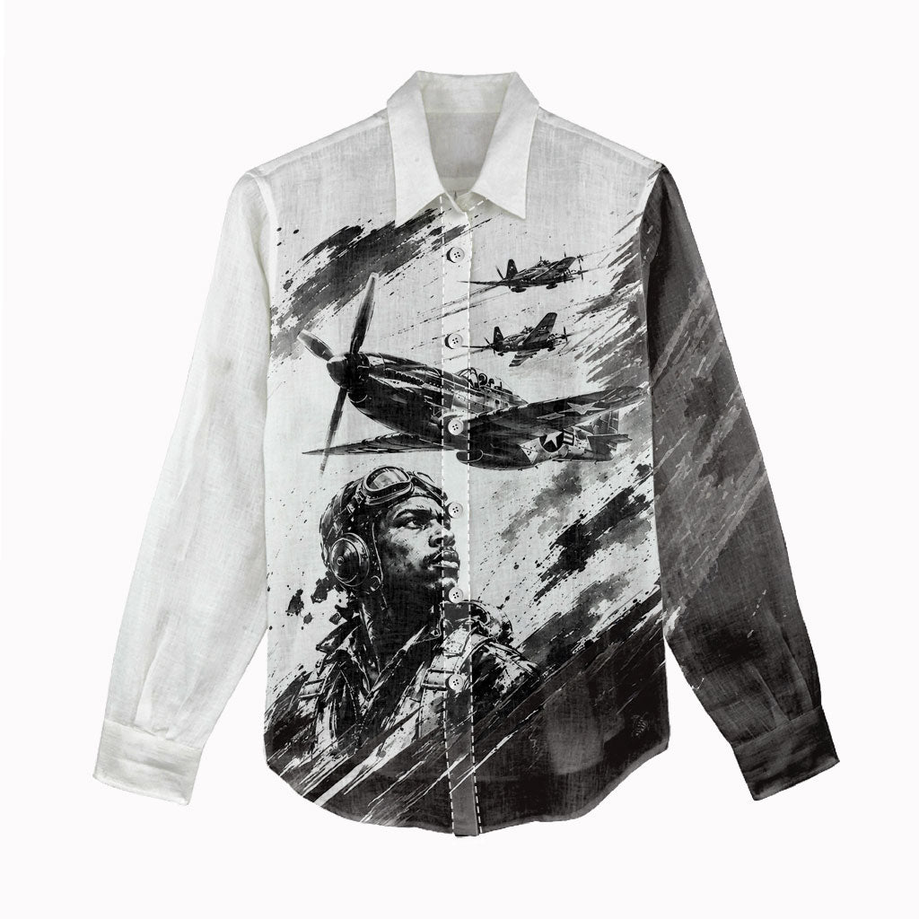 Personalized Tuskegee Airmen Women Casual Shirt Black And White Grunge WWII Aviation Art
