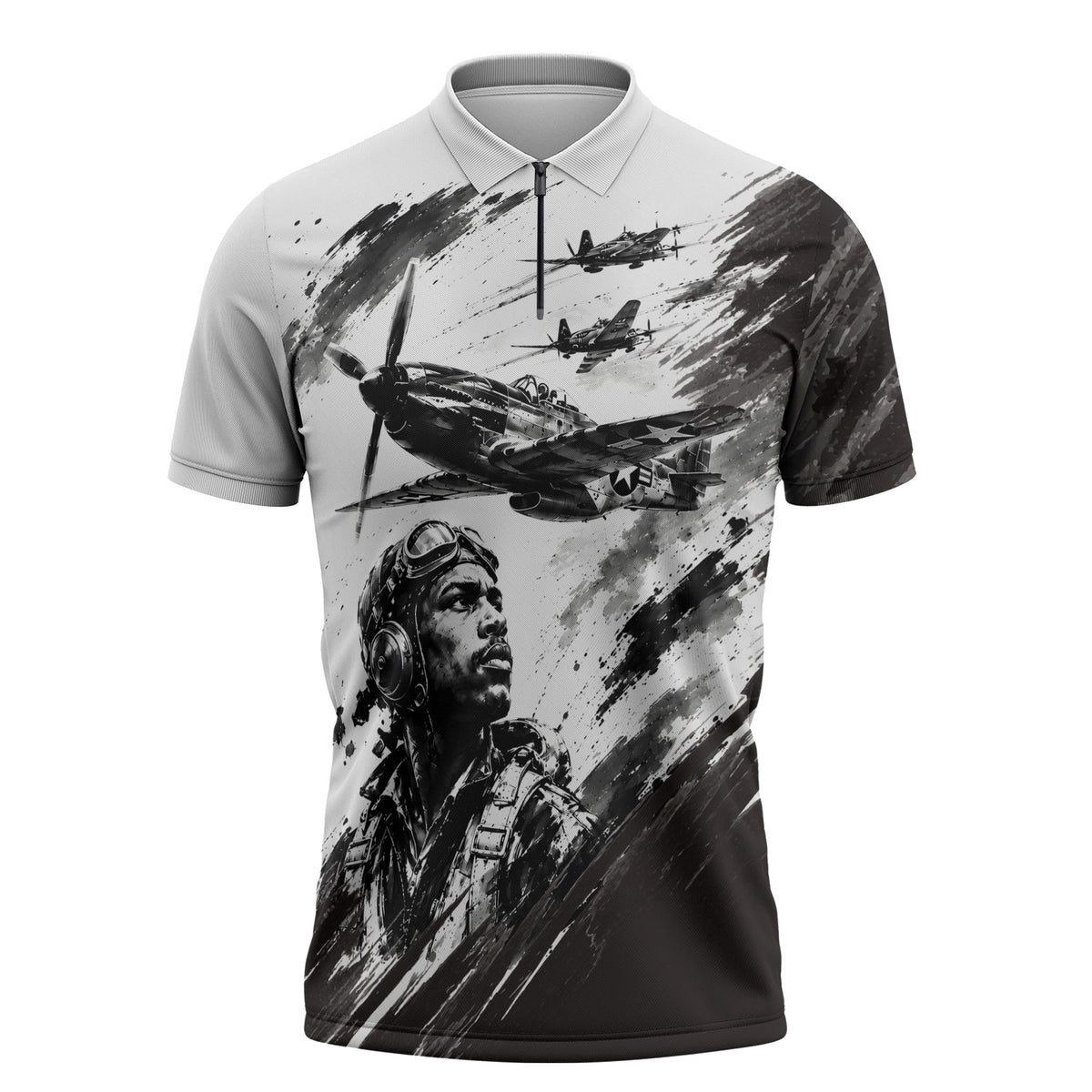 Personalized Tuskegee Airmen Zipper Polo Shirt Black And White Grunge WWII Aviation Art