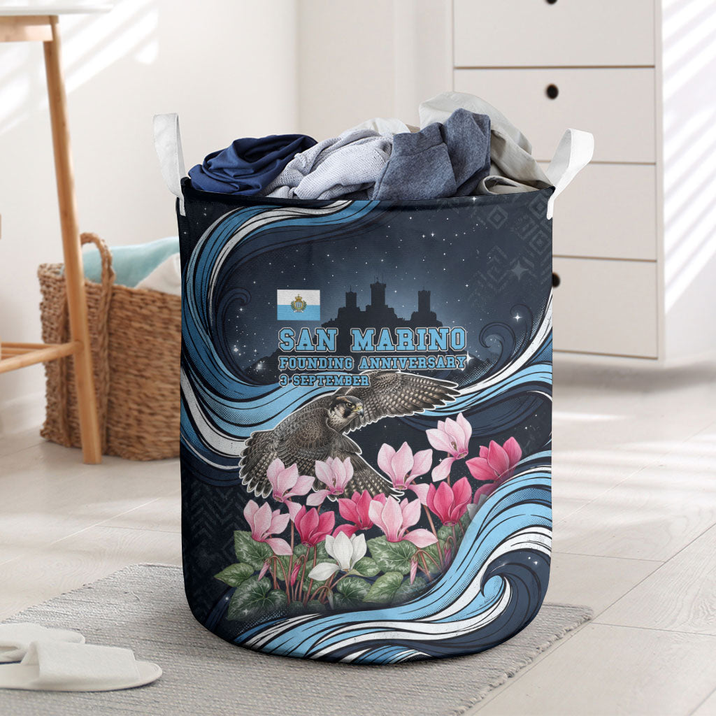 San Marino Founding Anniversary Laundry Basket Freedom Peregrine Falcon - Cyclamen Flowers Towers Flag
