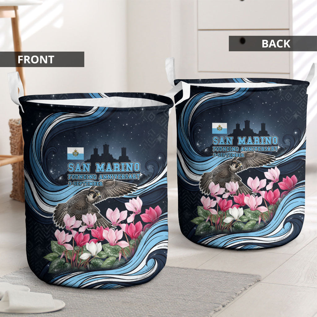 San Marino Founding Anniversary Laundry Basket Freedom Peregrine Falcon - Cyclamen Flowers Towers Flag
