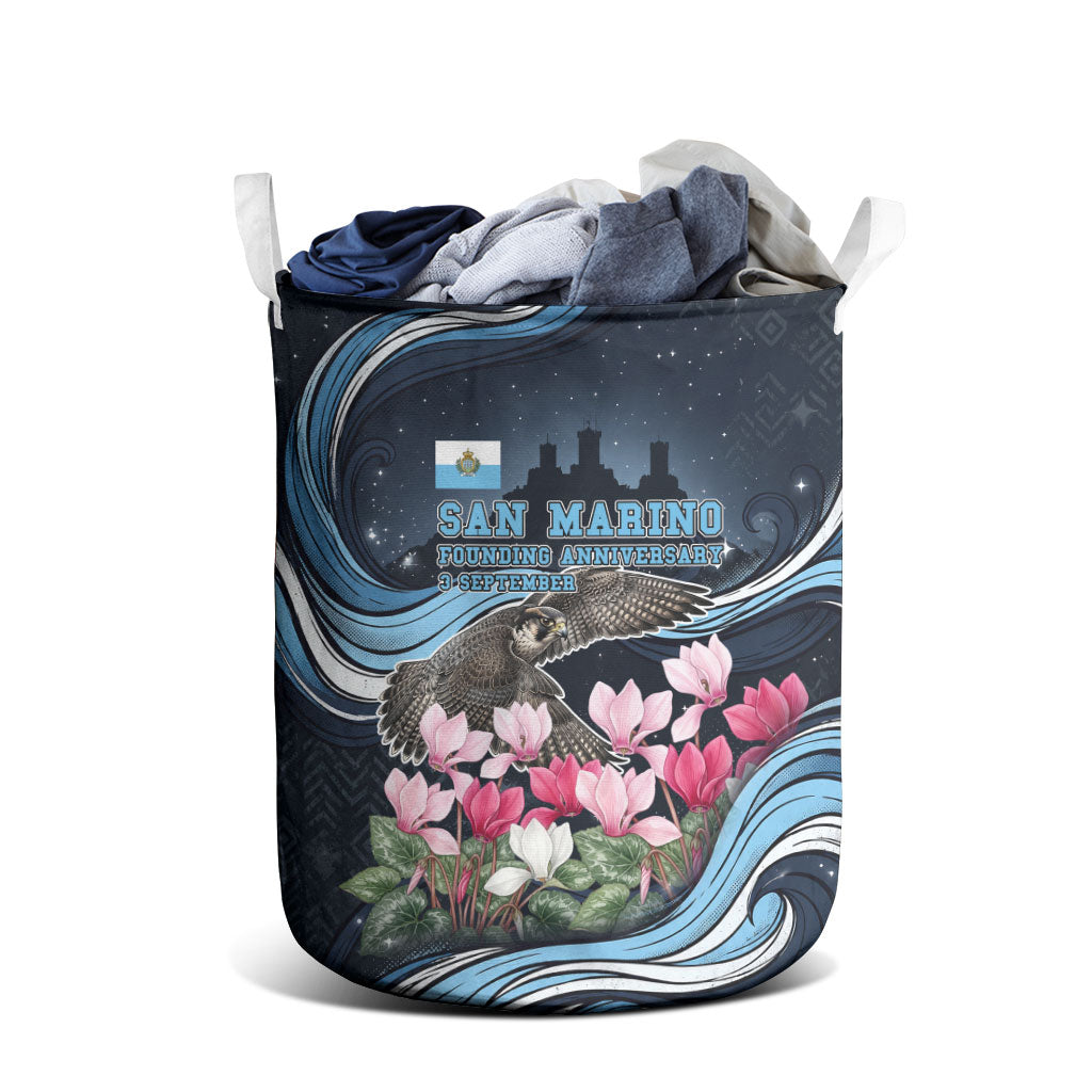 San Marino Founding Anniversary Laundry Basket Freedom Peregrine Falcon - Cyclamen Flowers Towers Flag