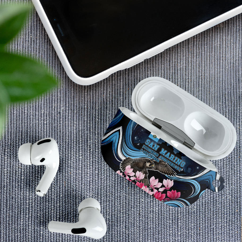 San Marino Founding Anniversary AirPods Case Freedom Peregrine Falcon - Cyclamen Flowers Towers Flag