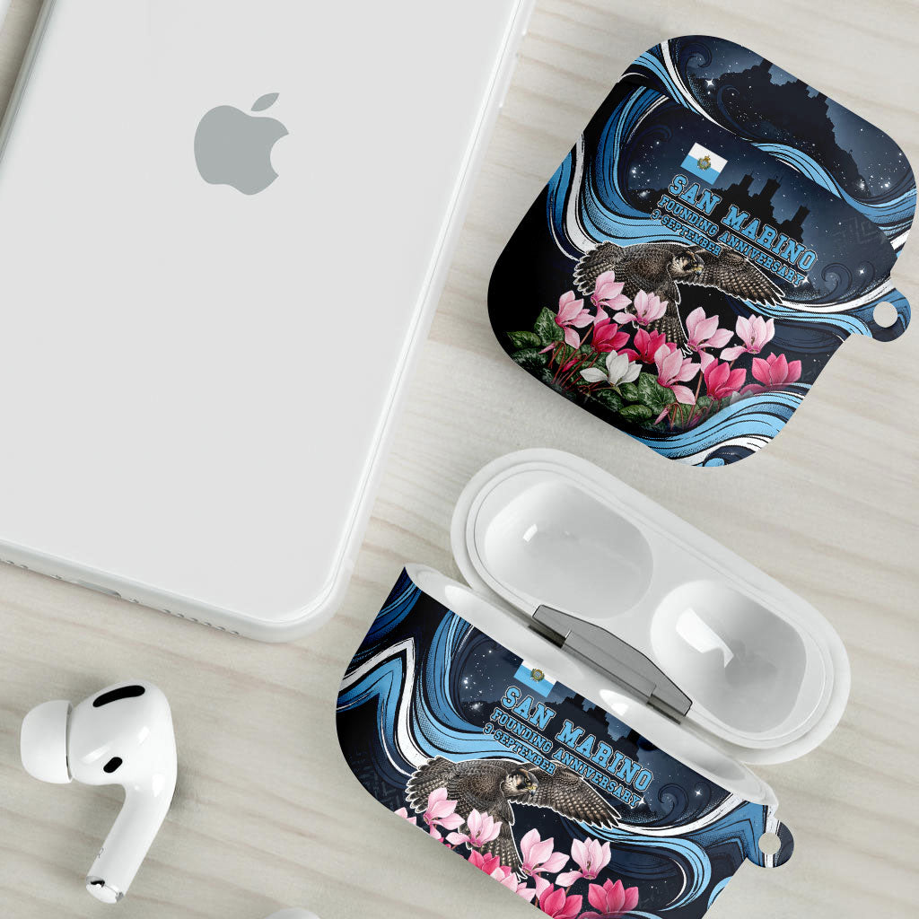 San Marino Founding Anniversary AirPods Case Freedom Peregrine Falcon - Cyclamen Flowers Towers Flag