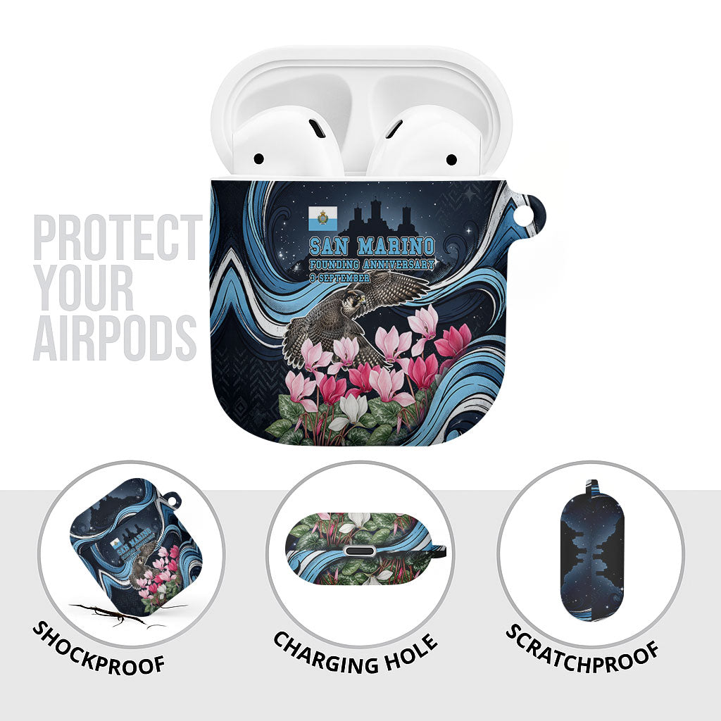 San Marino Founding Anniversary AirPods Case Freedom Peregrine Falcon - Cyclamen Flowers Towers Flag