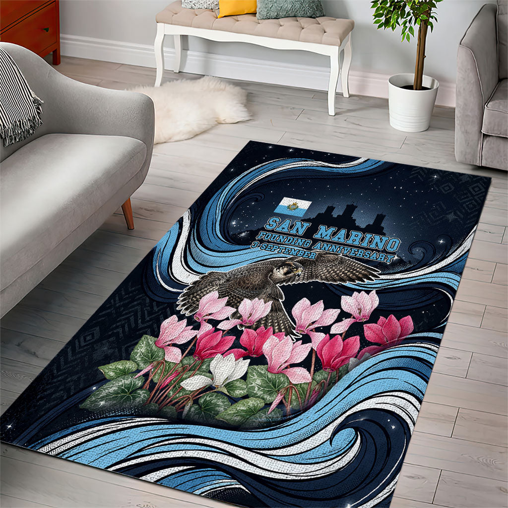 San Marino Founding Anniversary Area Rug Freedom Peregrine Falcon - Cyclamen Flowers Towers Flag