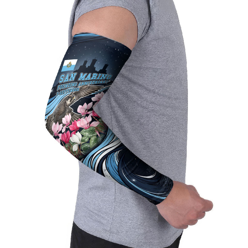 San Marino Founding Anniversary Arm Sleeves Freedom Peregrine Falcon - Cyclamen Flowers Towers Flag