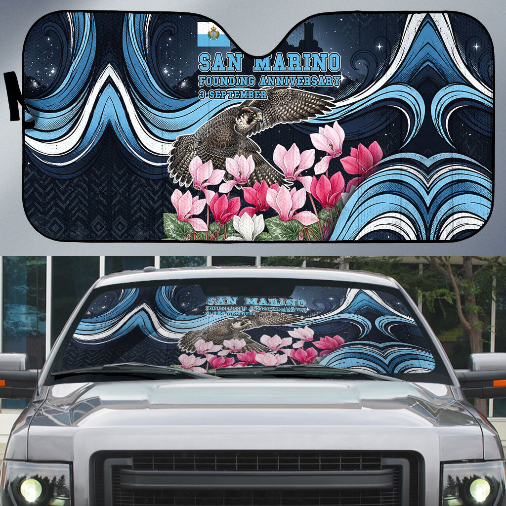 San Marino Founding Anniversary Auto Sun Shade Freedom Peregrine Falcon - Cyclamen Flowers Towers Flag