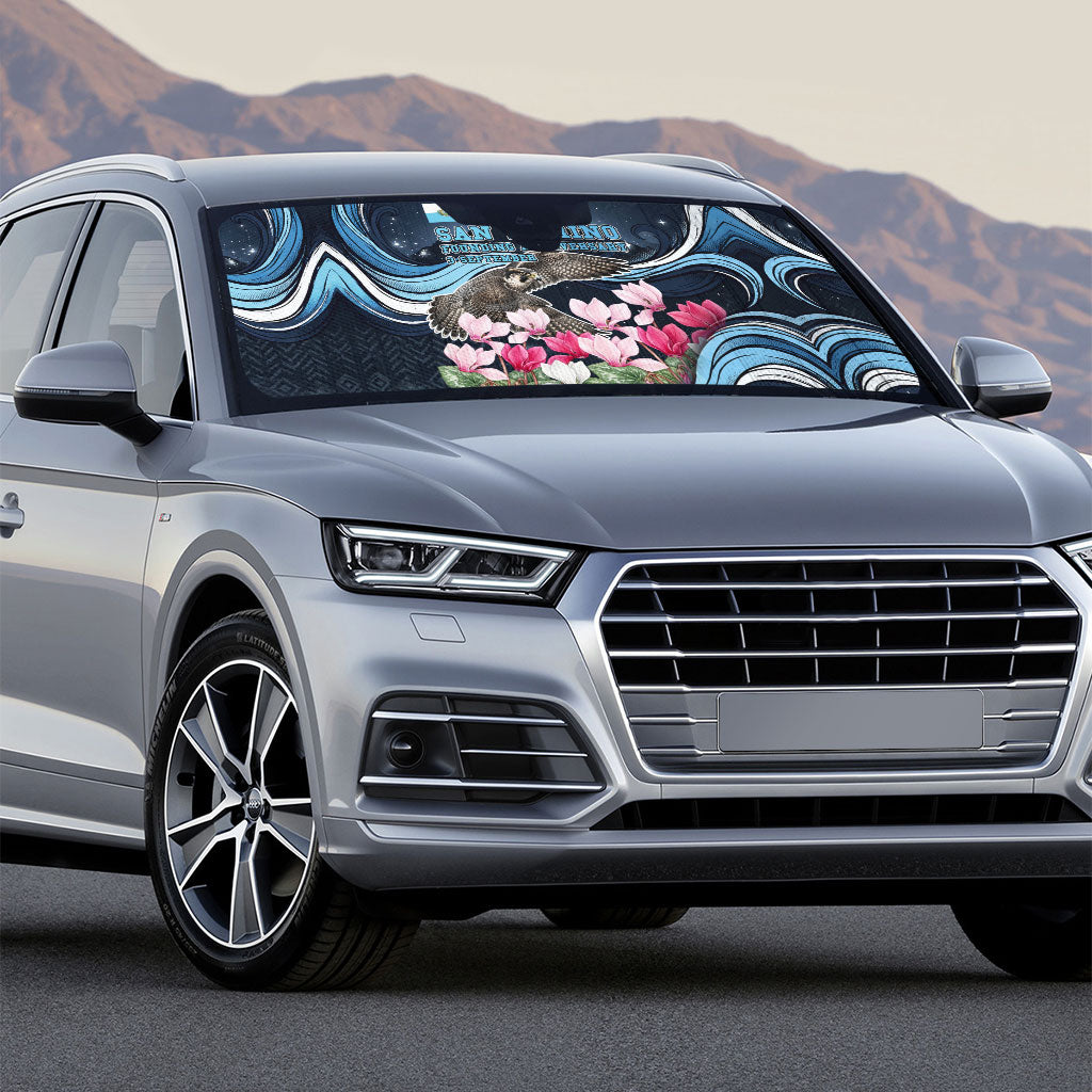 San Marino Founding Anniversary Auto Sun Shade Freedom Peregrine Falcon - Cyclamen Flowers Towers Flag