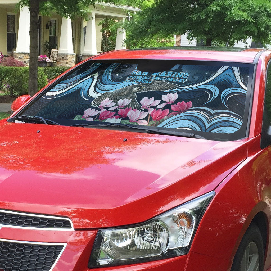 San Marino Founding Anniversary Auto Sun Shade Freedom Peregrine Falcon - Cyclamen Flowers Towers Flag