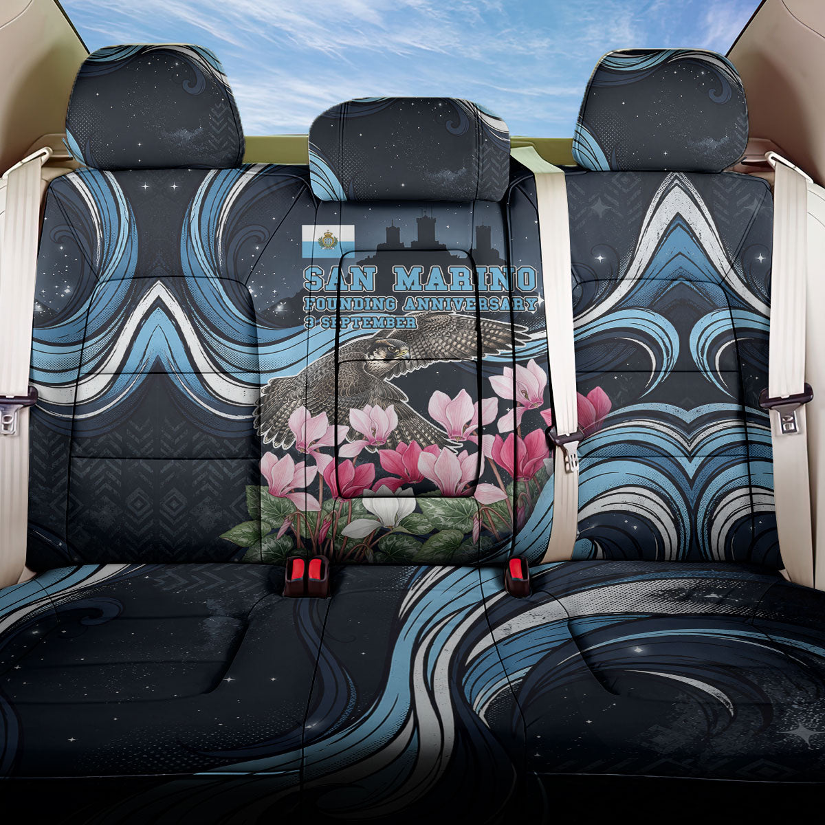 San Marino Founding Anniversary Back Car Seat Cover Freedom Peregrine Falcon - Cyclamen Flowers Towers Flag