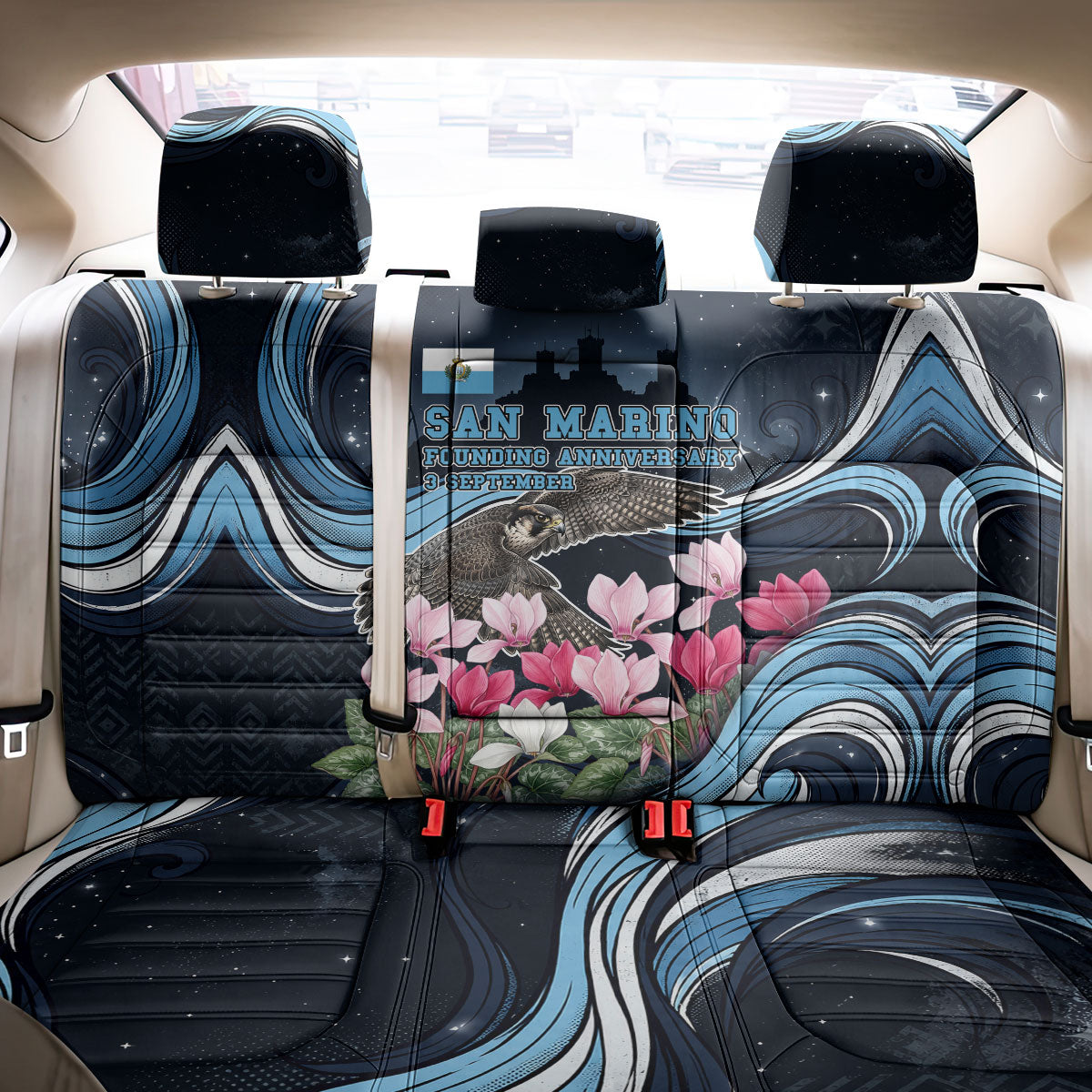 San Marino Founding Anniversary Back Car Seat Cover Freedom Peregrine Falcon - Cyclamen Flowers Towers Flag