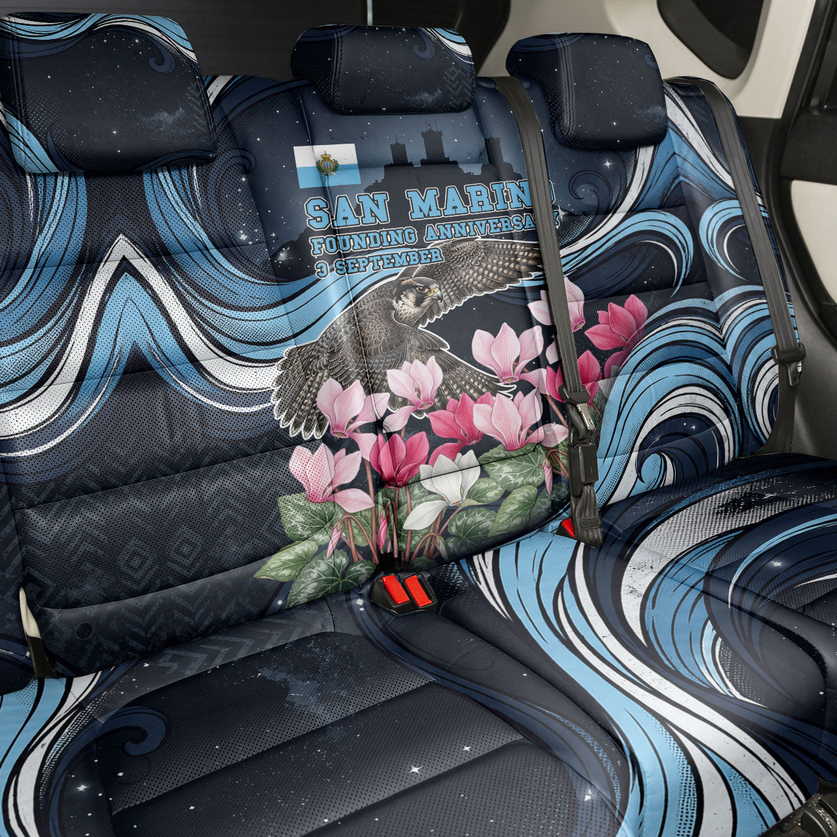 San Marino Founding Anniversary Back Car Seat Cover Freedom Peregrine Falcon - Cyclamen Flowers Towers Flag