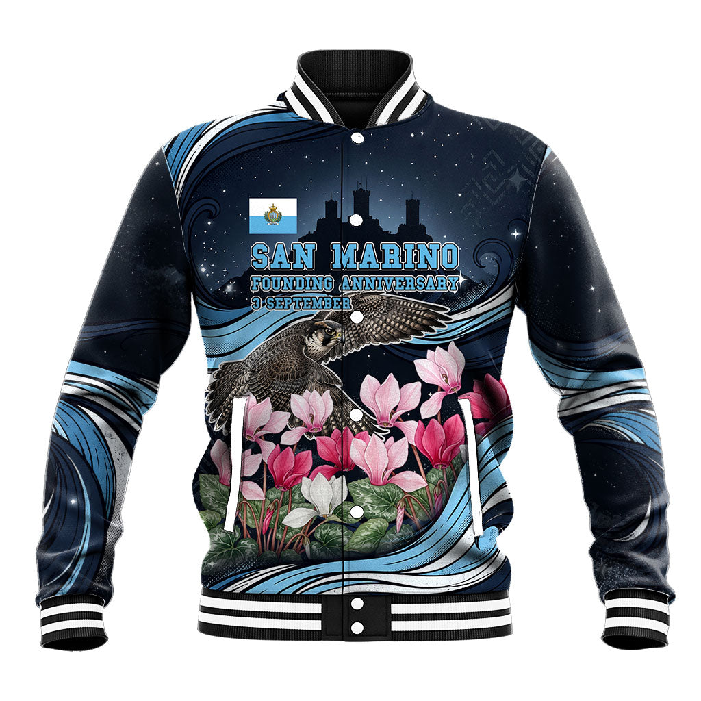 San Marino Founding Anniversary Baseball Jacket Freedom Peregrine Falcon - Cyclamen Flowers Towers Flag