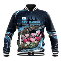 San Marino Founding Anniversary Baseball Jacket Freedom Peregrine Falcon - Cyclamen Flowers Towers Flag