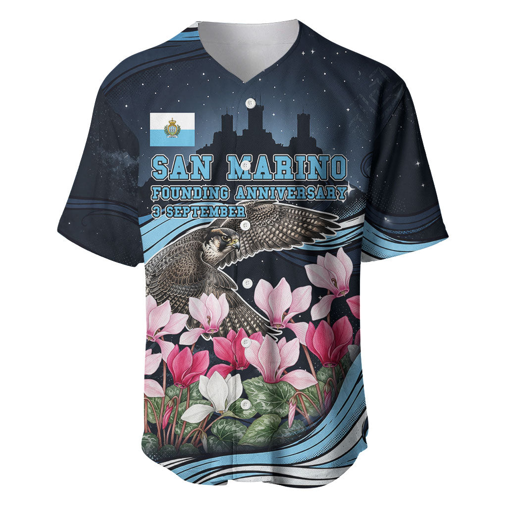 San Marino Founding Anniversary Baseball Jersey Freedom Peregrine Falcon - Cyclamen Flowers Towers Flag