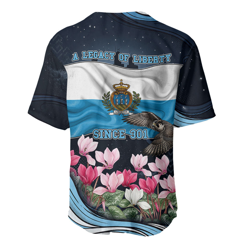 San Marino Founding Anniversary Baseball Jersey Freedom Peregrine Falcon - Cyclamen Flowers Towers Flag