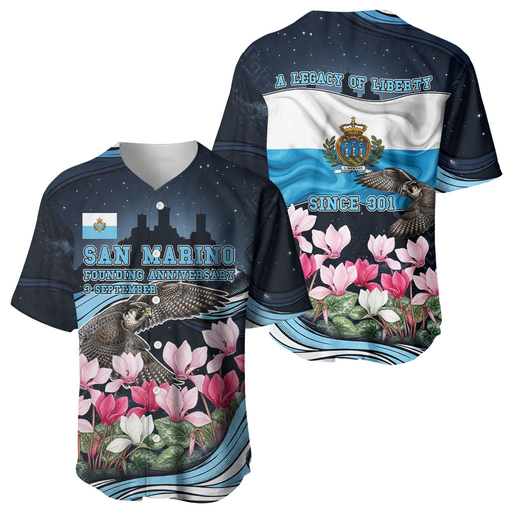 San Marino Founding Anniversary Baseball Jersey Freedom Peregrine Falcon - Cyclamen Flowers Towers Flag