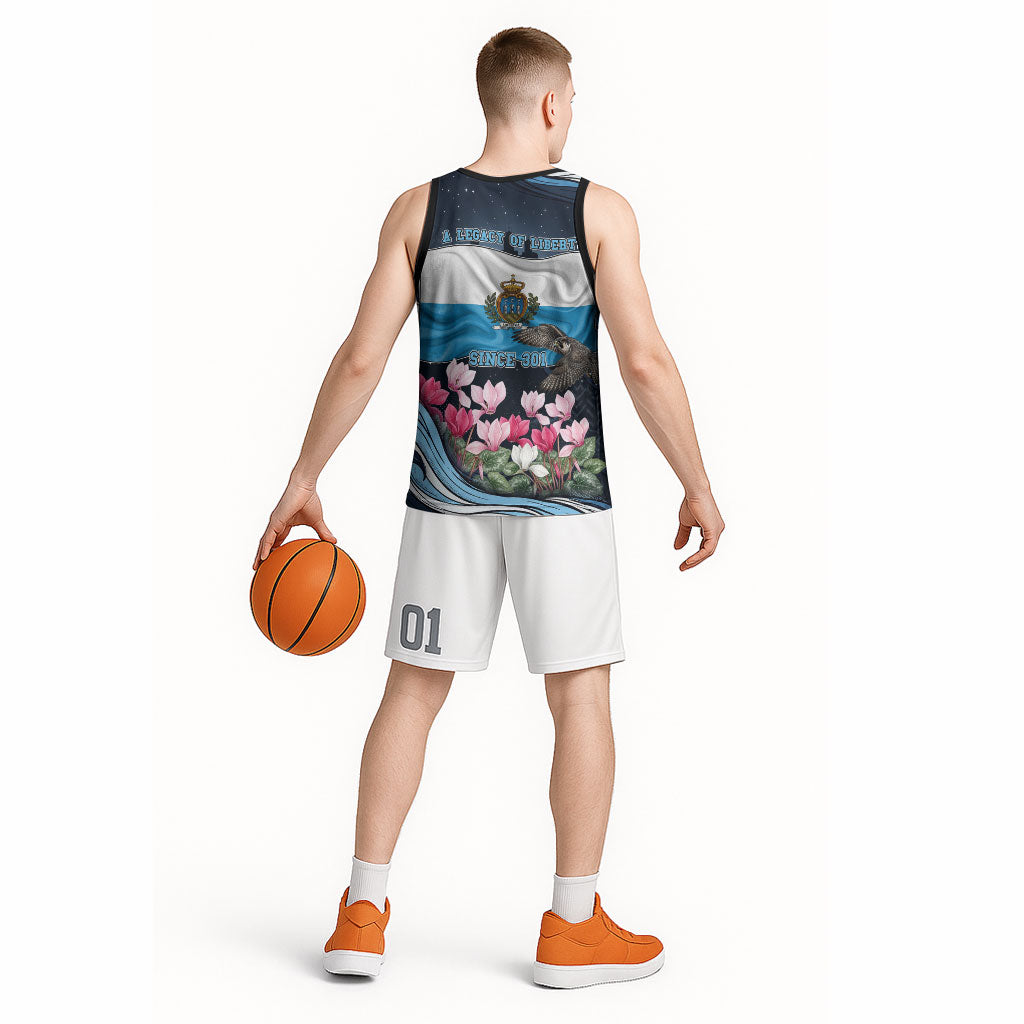 San Marino Founding Anniversary Basketball Jersey Freedom Peregrine Falcon - Cyclamen Flowers Towers Flag
