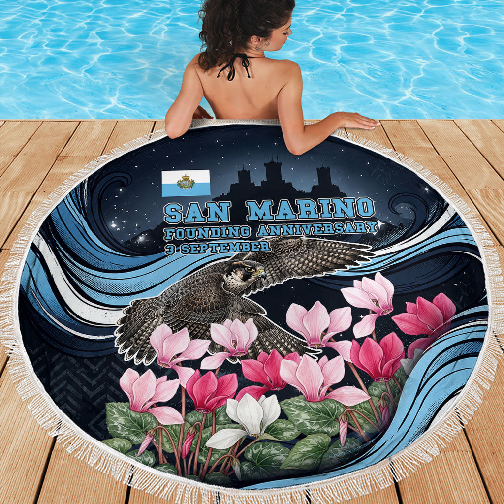 San Marino Founding Anniversary Beach Blanket Freedom Peregrine Falcon - Cyclamen Flowers Towers Flag
