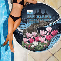 San Marino Founding Anniversary Beach Blanket Freedom Peregrine Falcon - Cyclamen Flowers Towers Flag