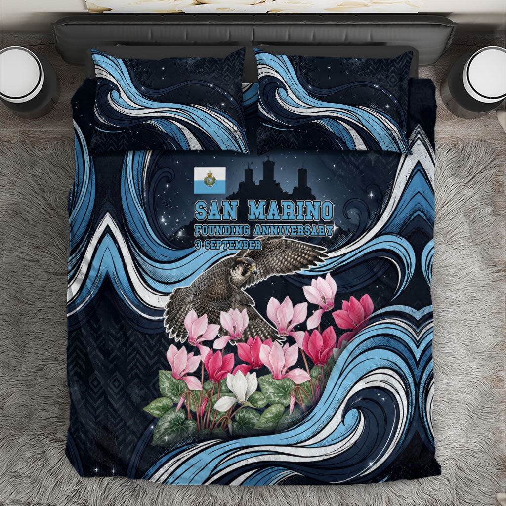 San Marino Founding Anniversary Bedding Set Freedom Peregrine Falcon - Cyclamen Flowers Towers Flag