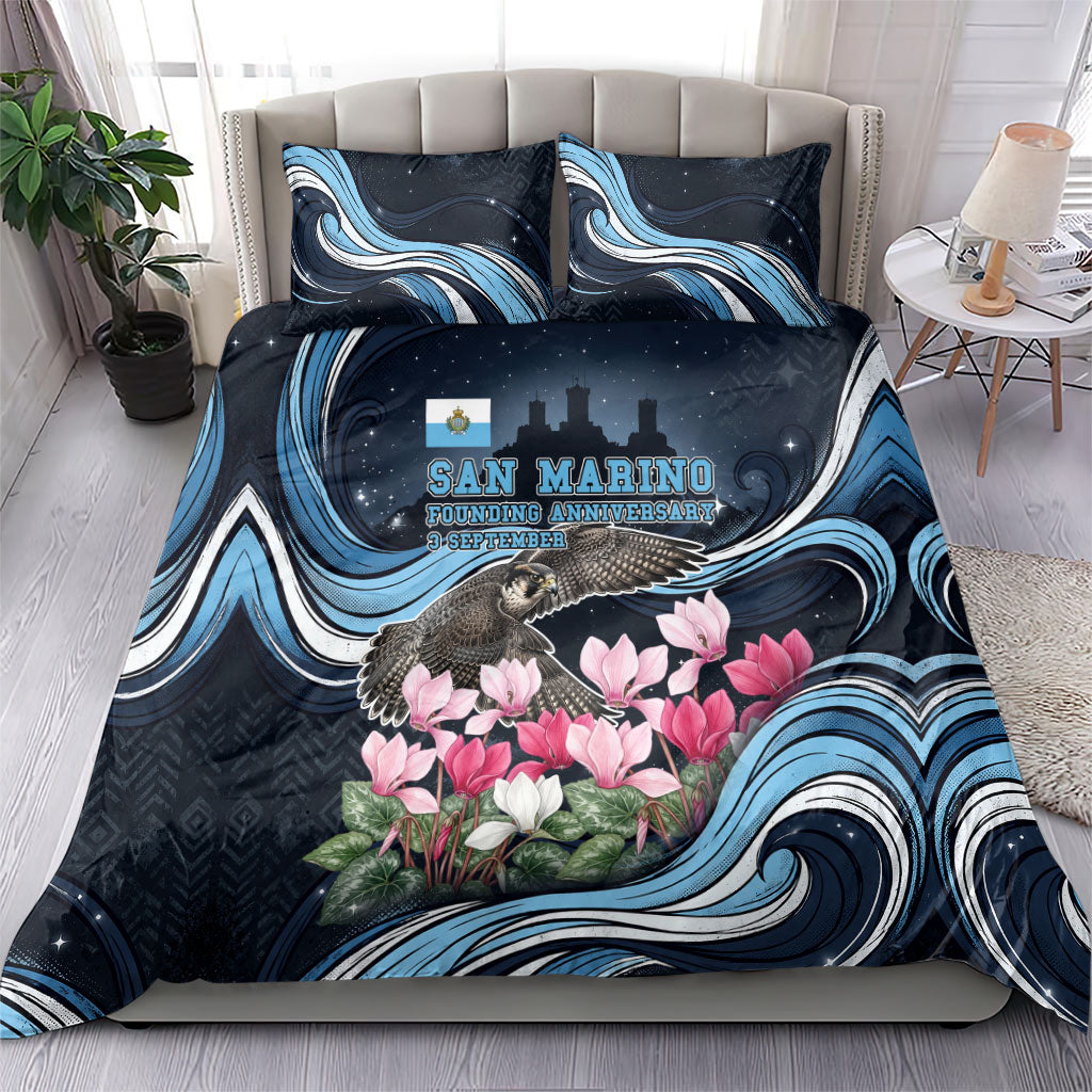 San Marino Founding Anniversary Bedding Set Freedom Peregrine Falcon - Cyclamen Flowers Towers Flag