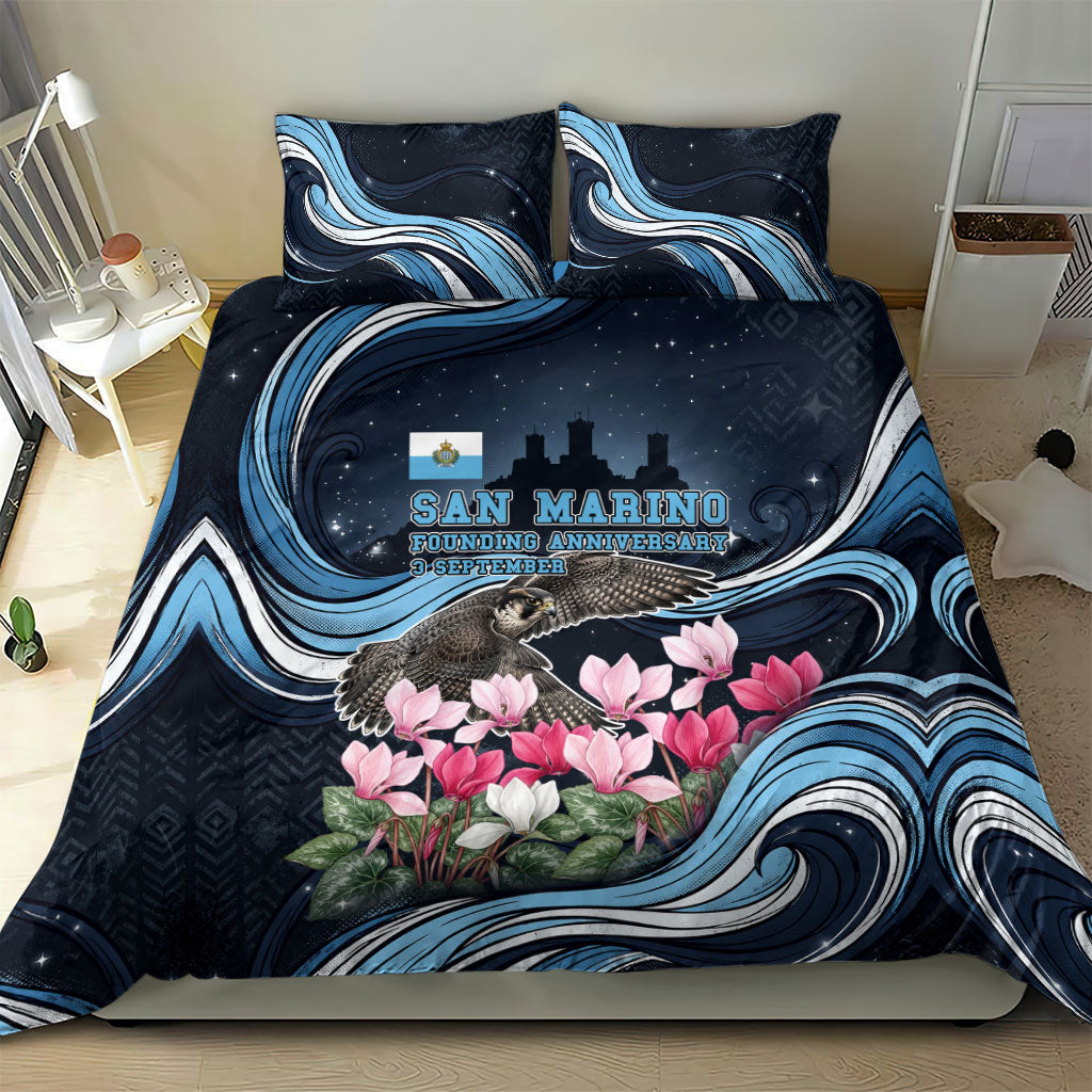 San Marino Founding Anniversary Bedding Set Freedom Peregrine Falcon - Cyclamen Flowers Towers Flag