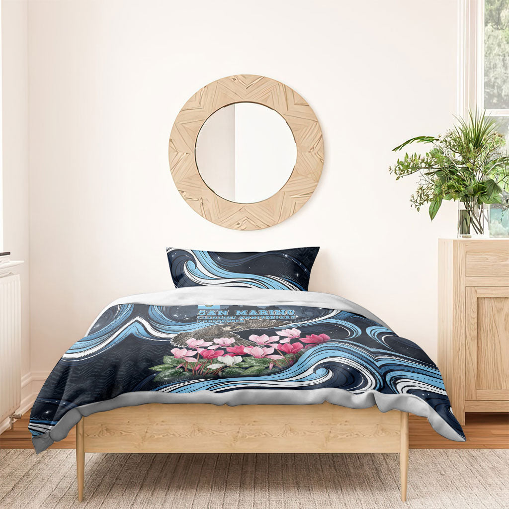 San Marino Founding Anniversary Bedding Set Freedom Peregrine Falcon - Cyclamen Flowers Towers Flag