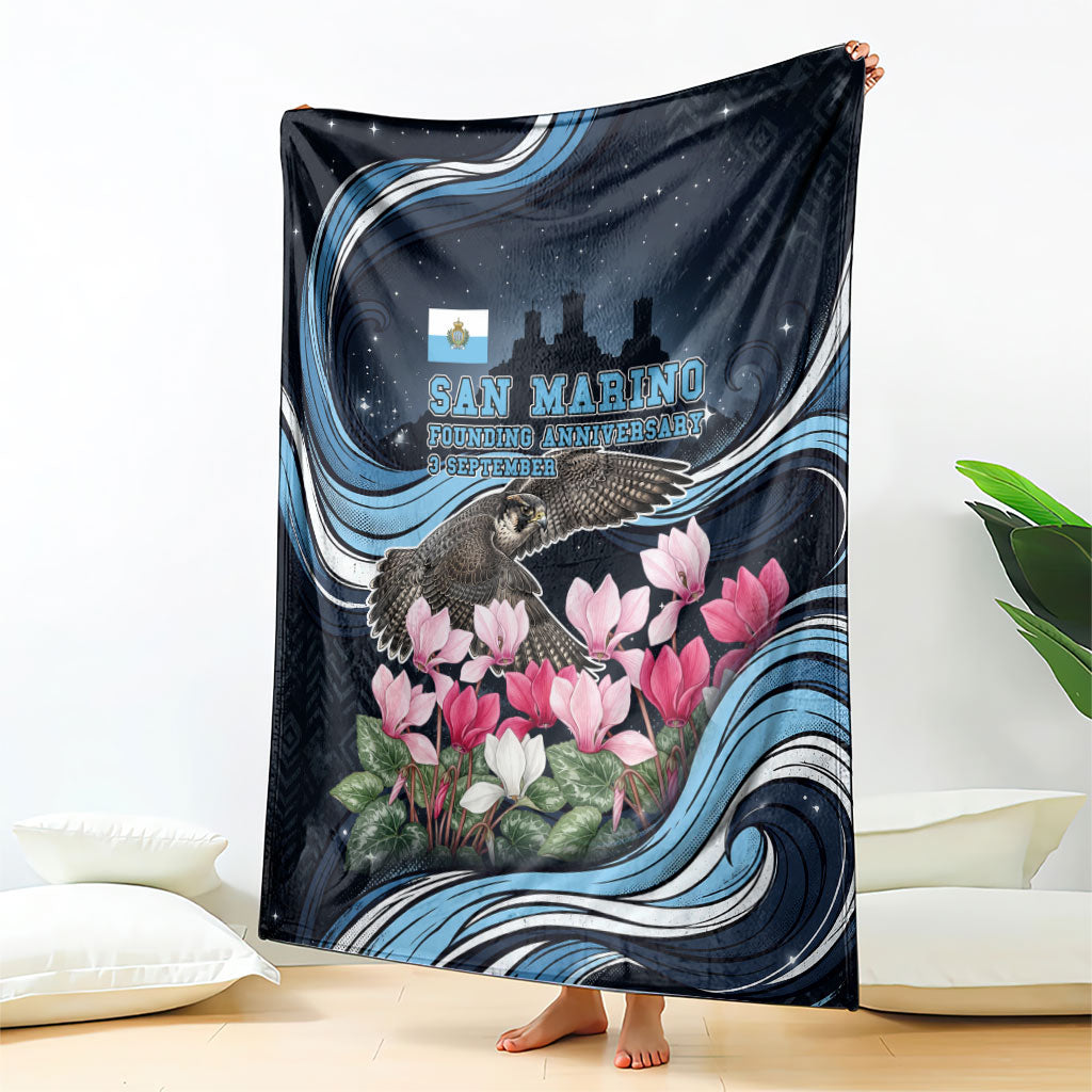 San Marino Founding Anniversary Blanket Freedom Peregrine Falcon - Cyclamen Flowers Towers Flag