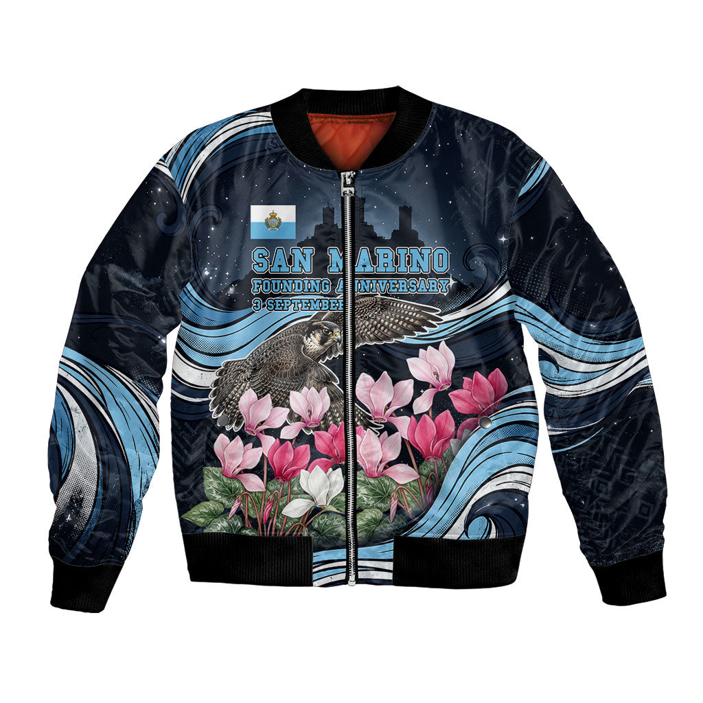 San Marino Founding Anniversary Bomber Jacket Freedom Peregrine Falcon - Cyclamen Flowers Towers Flag