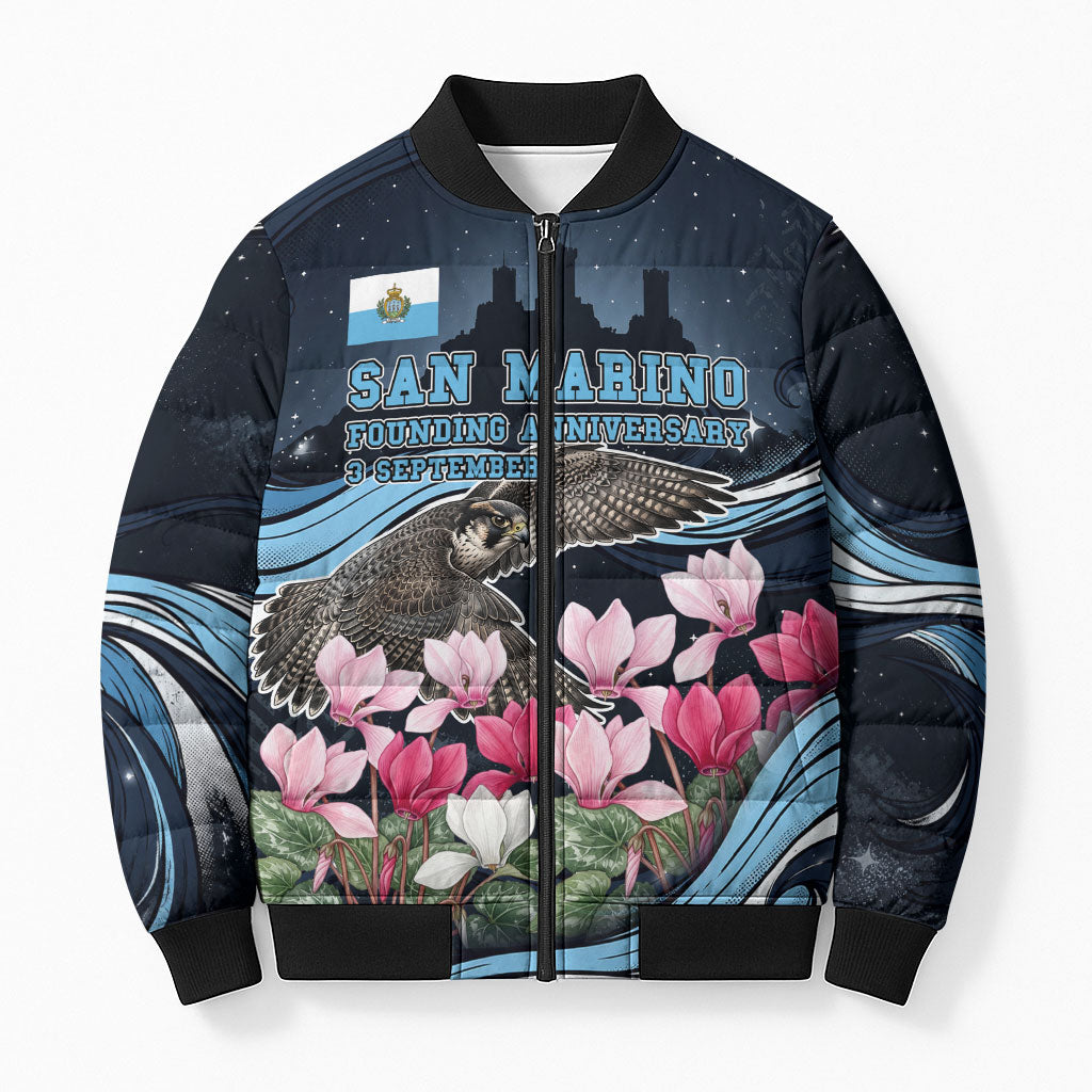 San Marino Founding Anniversary Bomber Puffer Jacket Freedom Peregrine Falcon - Cyclamen Flowers Towers Flag