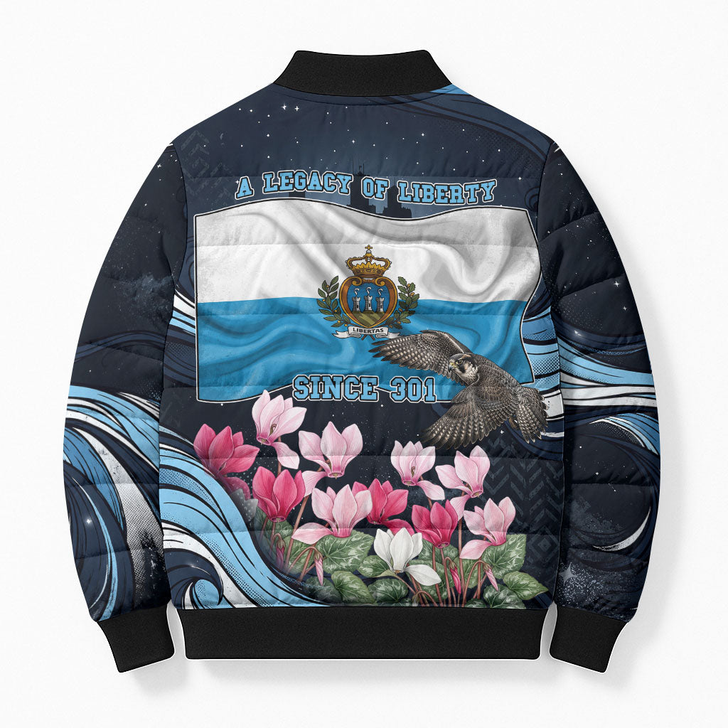 San Marino Founding Anniversary Bomber Puffer Jacket Freedom Peregrine Falcon - Cyclamen Flowers Towers Flag