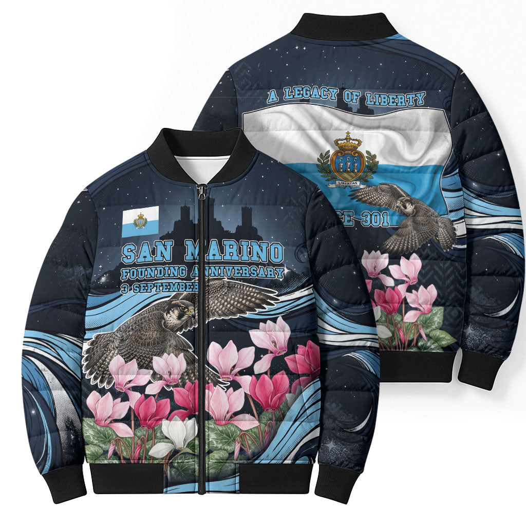 San Marino Founding Anniversary Bomber Puffer Jacket Freedom Peregrine Falcon - Cyclamen Flowers Towers Flag