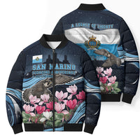 San Marino Founding Anniversary Bomber Puffer Jacket Freedom Peregrine Falcon - Cyclamen Flowers Towers Flag
