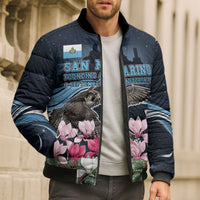 San Marino Founding Anniversary Bomber Puffer Jacket Freedom Peregrine Falcon - Cyclamen Flowers Towers Flag
