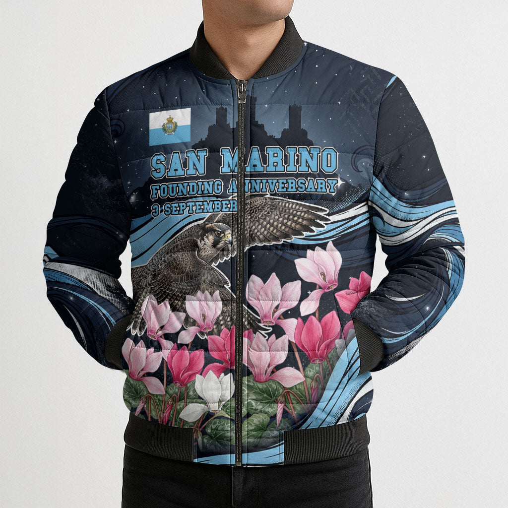 San Marino Founding Anniversary Bomber Puffer Jacket Freedom Peregrine Falcon - Cyclamen Flowers Towers Flag