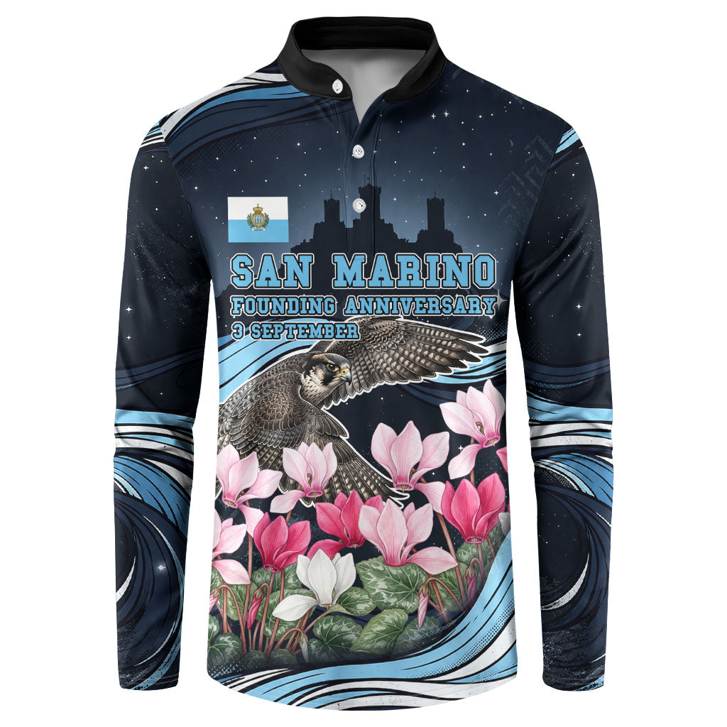 San Marino Founding Anniversary Button Sweatshirt Freedom Peregrine Falcon - Cyclamen Flowers Towers Flag