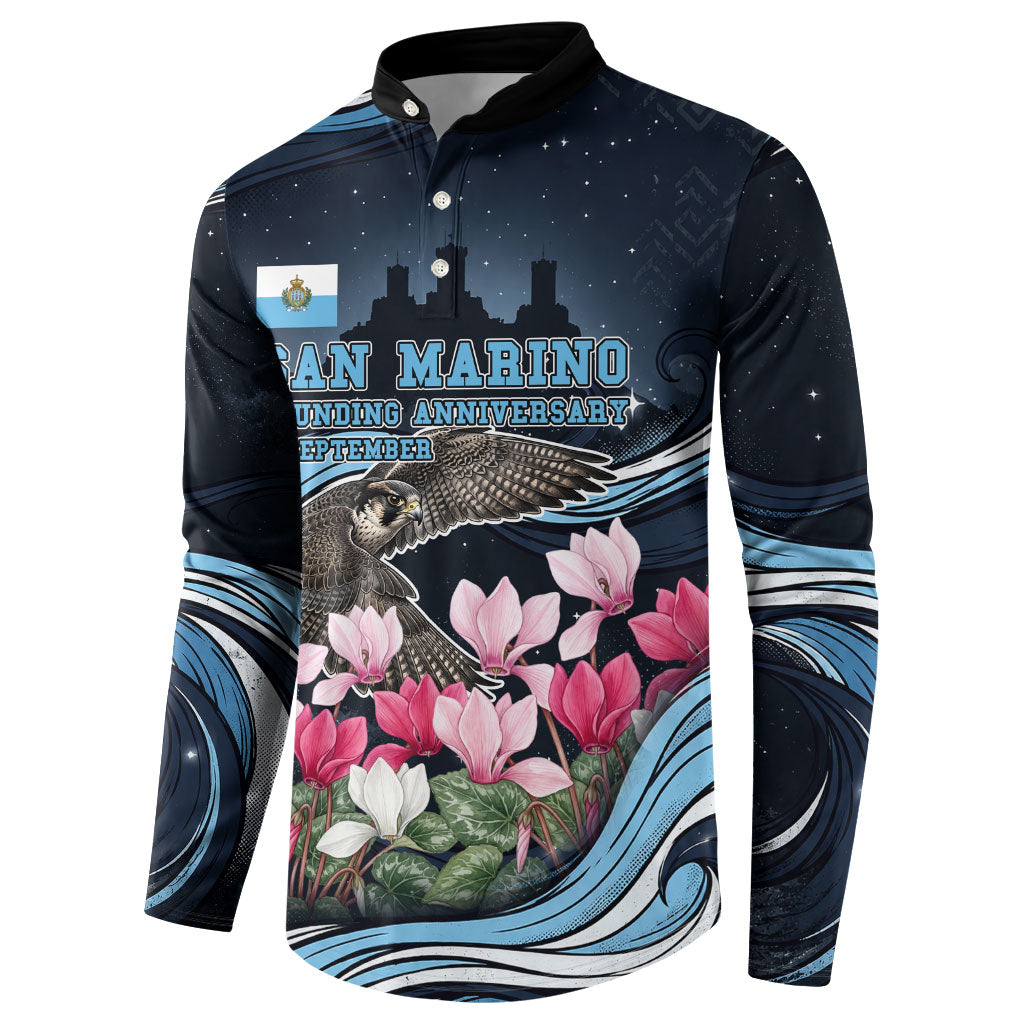 San Marino Founding Anniversary Button Sweatshirt Freedom Peregrine Falcon - Cyclamen Flowers Towers Flag