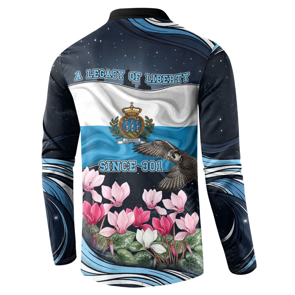 San Marino Founding Anniversary Button Sweatshirt Freedom Peregrine Falcon - Cyclamen Flowers Towers Flag