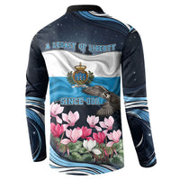 San Marino Founding Anniversary Button Sweatshirt Freedom Peregrine Falcon - Cyclamen Flowers Towers Flag