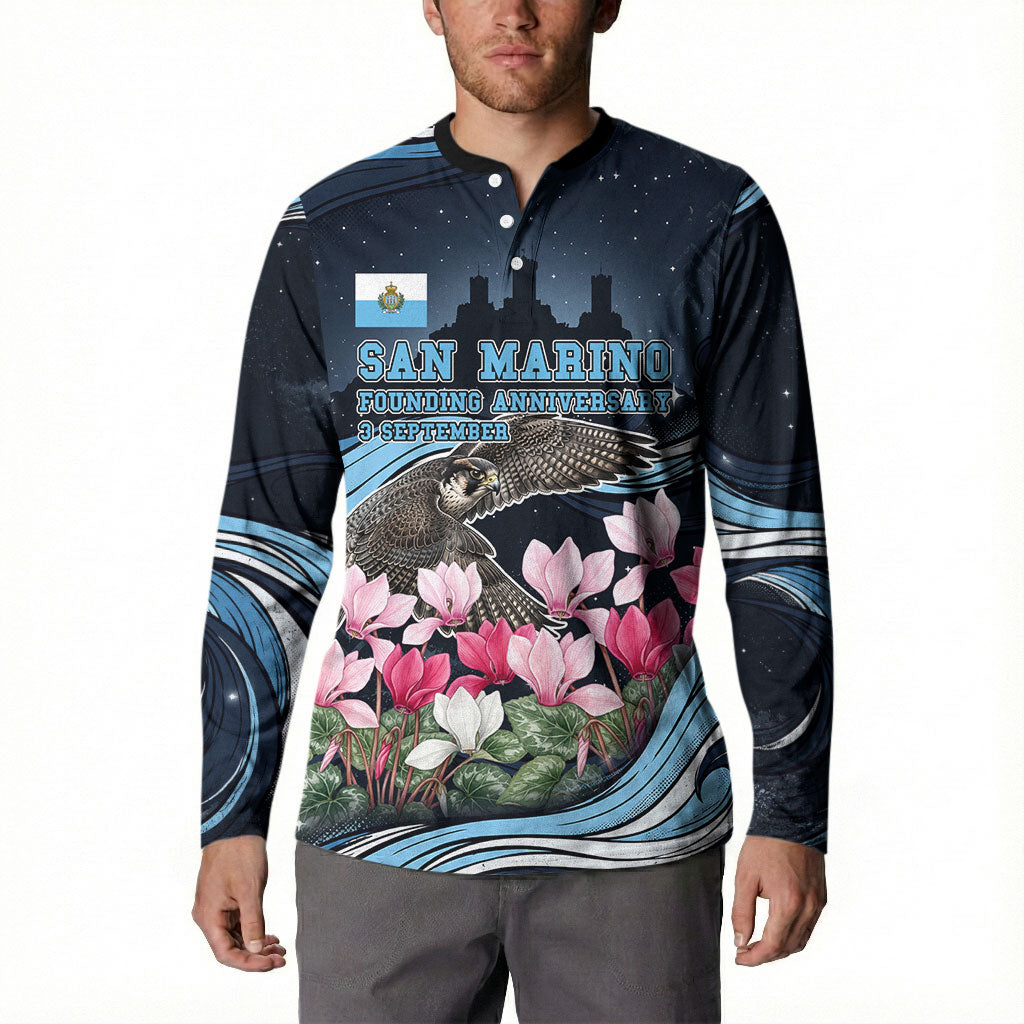 San Marino Founding Anniversary Button Sweatshirt Freedom Peregrine Falcon - Cyclamen Flowers Towers Flag