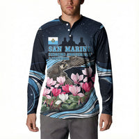 San Marino Founding Anniversary Button Sweatshirt Freedom Peregrine Falcon - Cyclamen Flowers Towers Flag