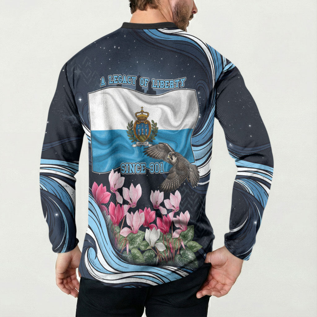 San Marino Founding Anniversary Button Sweatshirt Freedom Peregrine Falcon - Cyclamen Flowers Towers Flag