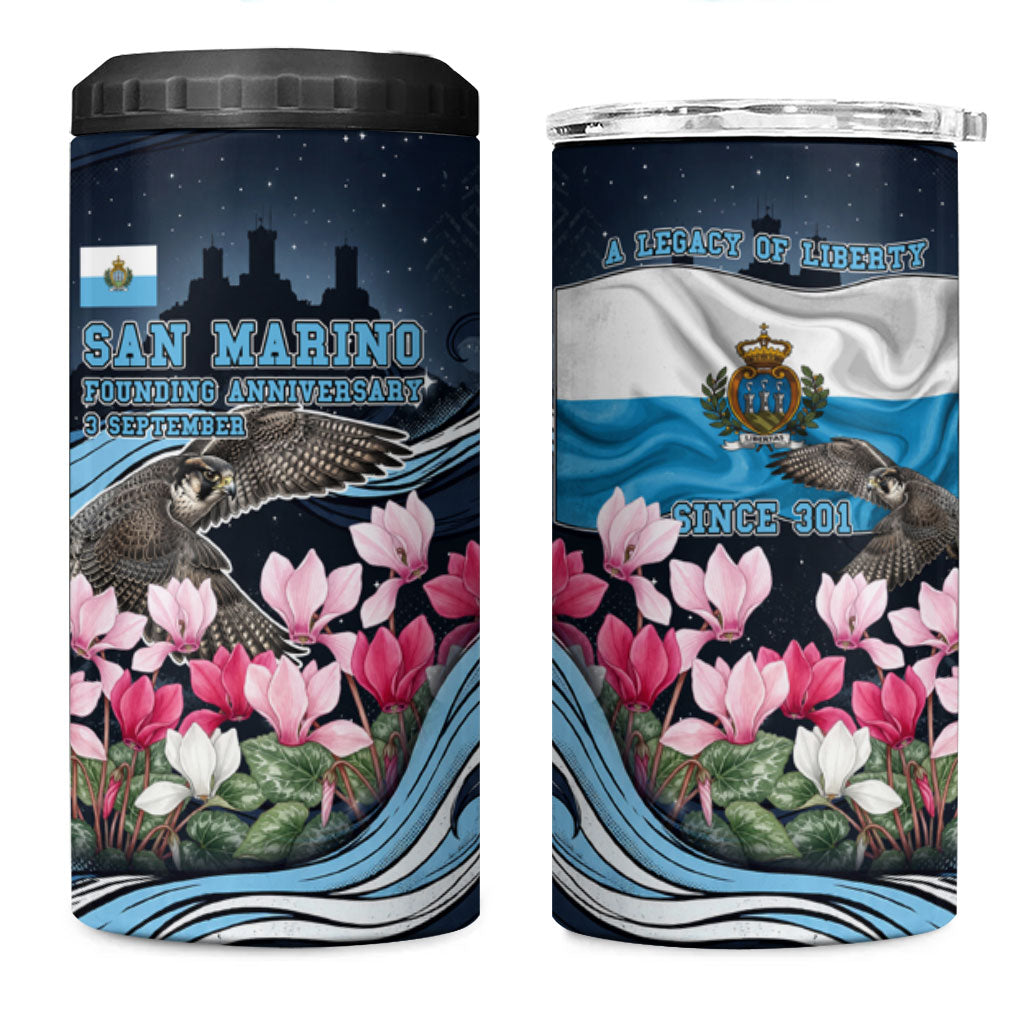 San Marino Founding Anniversary 4 in 1 Can Cooler Tumbler Freedom Peregrine Falcon - Cyclamen Flowers Towers Flag