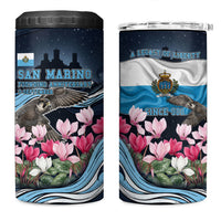 San Marino Founding Anniversary 4 in 1 Can Cooler Tumbler Freedom Peregrine Falcon - Cyclamen Flowers Towers Flag