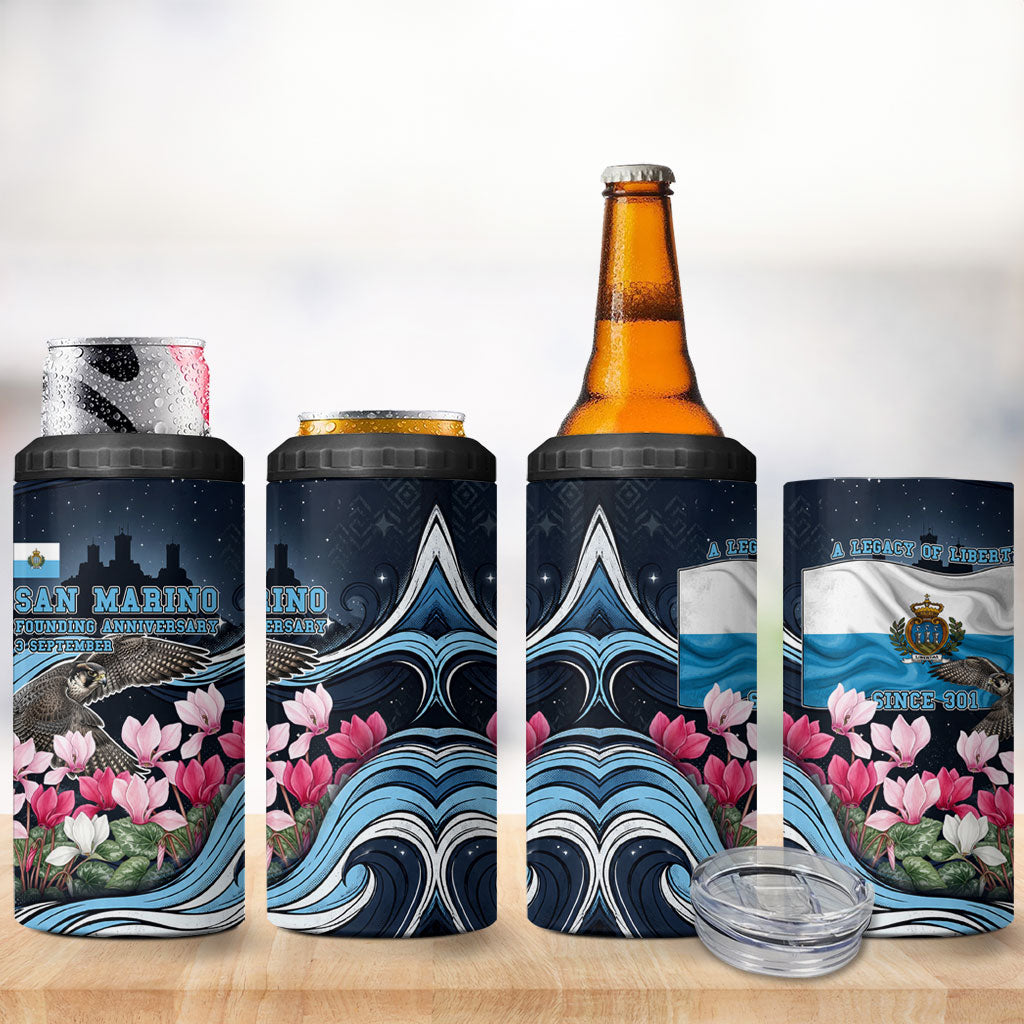 San Marino Founding Anniversary 4 in 1 Can Cooler Tumbler Freedom Peregrine Falcon - Cyclamen Flowers Towers Flag